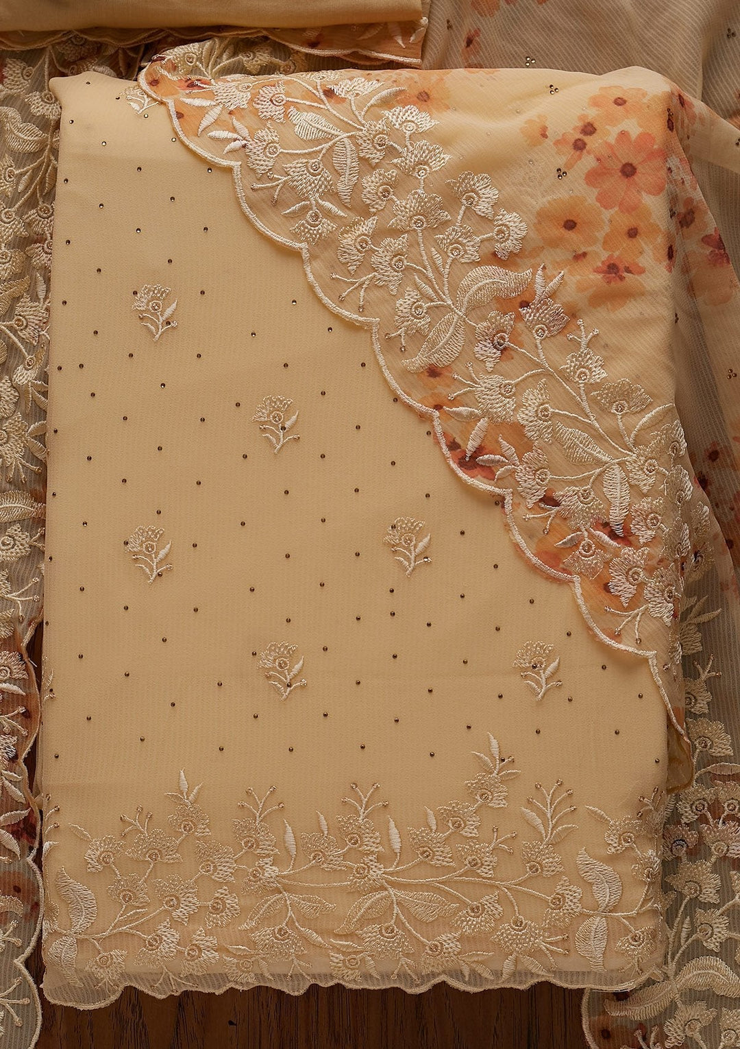 Cream Threadwork Georgette Designer Unstitched Salwar Suit - koskii