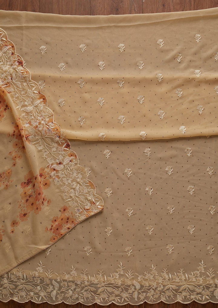 Cream Threadwork Georgette Designer Unstitched Salwar Suit - koskii