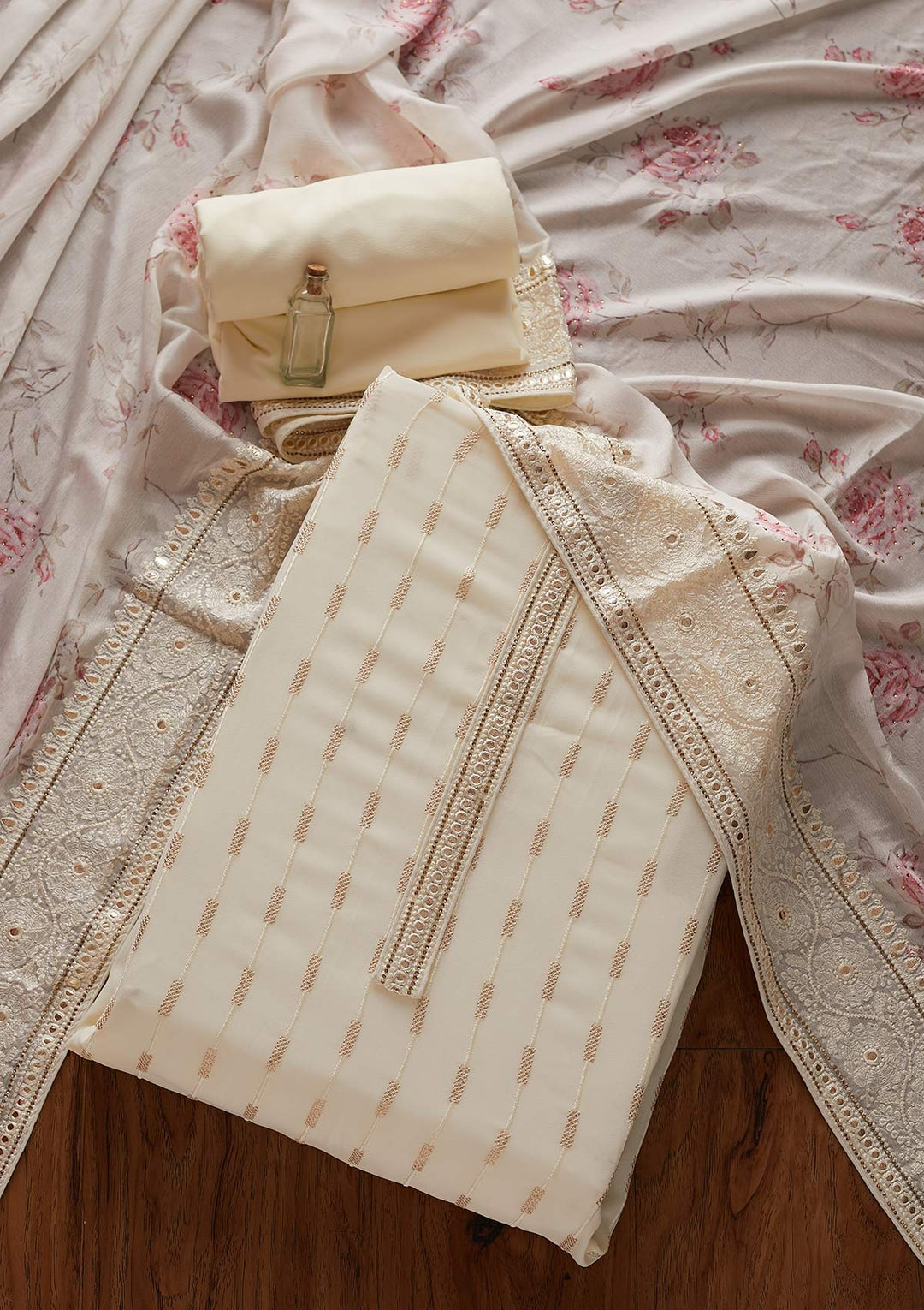 Cream Threadwork Georgette Designer Unstitched Salwar Suit - koskii