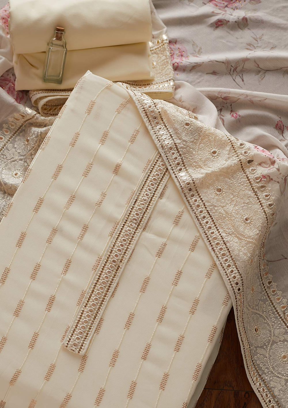 Cream Threadwork Georgette Designer Unstitched Salwar Suit - koskii