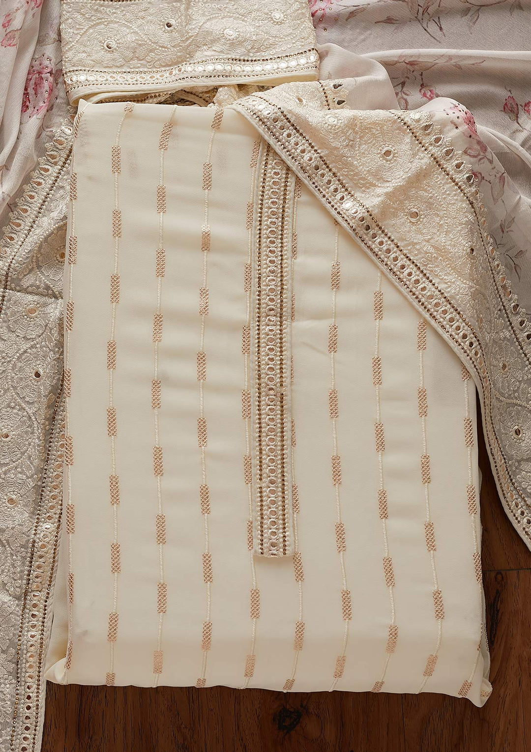 Cream Threadwork Georgette Designer Unstitched Salwar Suit - koskii