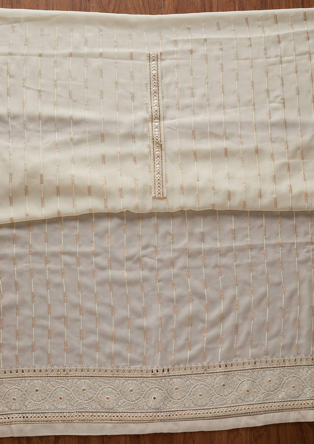 Cream Threadwork Georgette Designer Unstitched Salwar Suit - koskii