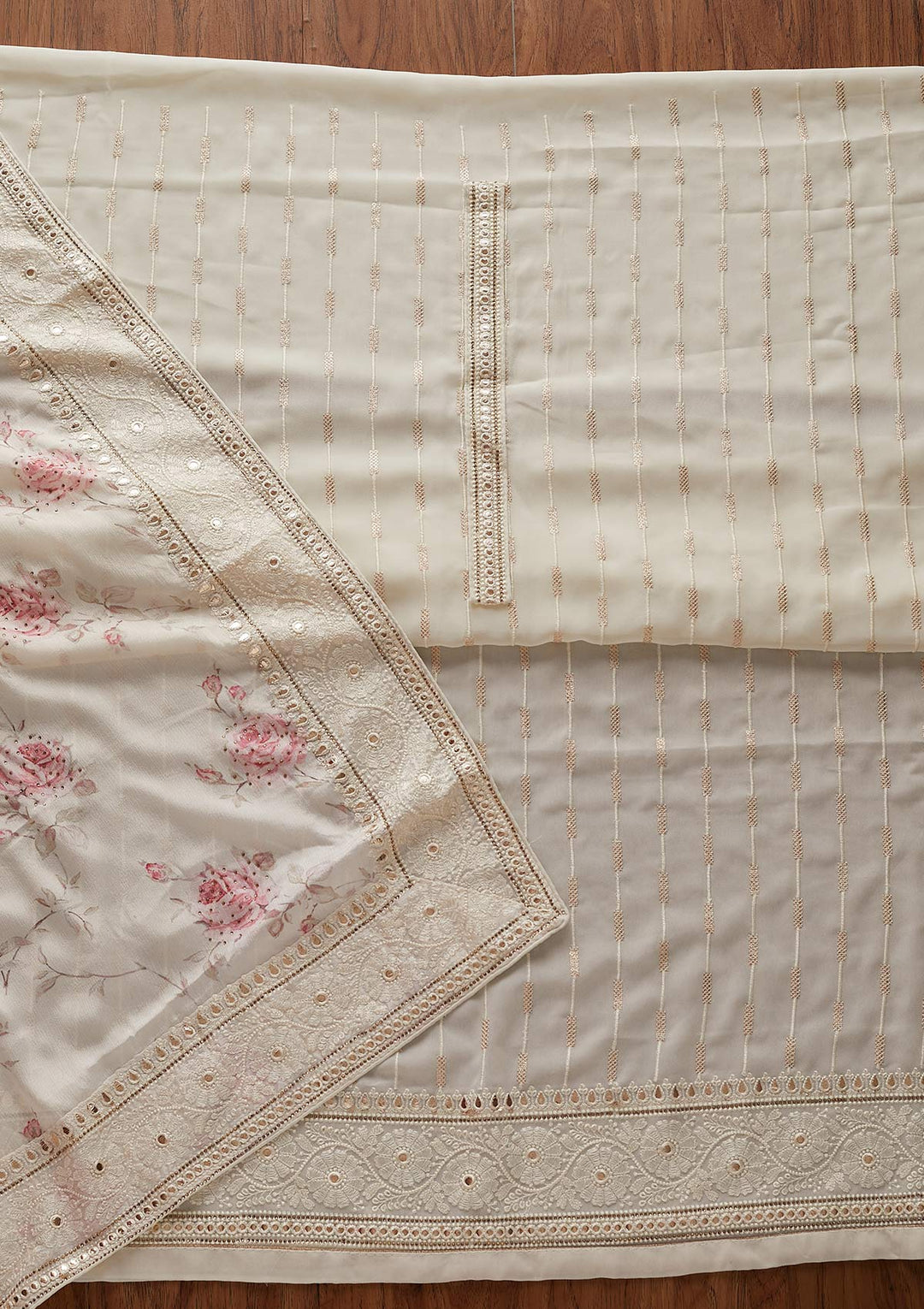 Cream Threadwork Georgette Designer Unstitched Salwar Suit - koskii