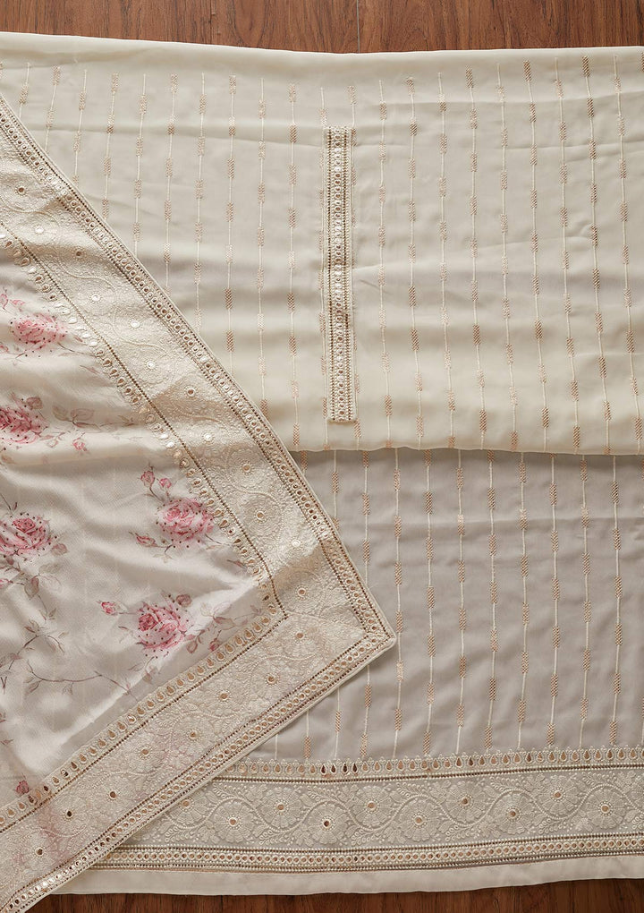 Cream Threadwork Georgette Designer Unstitched Salwar Suit - koskii