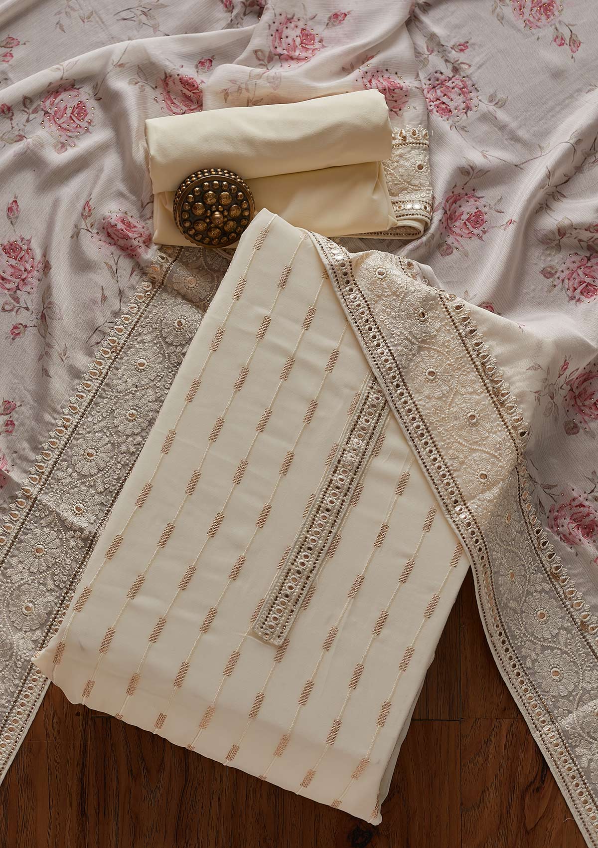 Cream Threadwork Georgette Designer Unstitched Salwar Suit - koskii