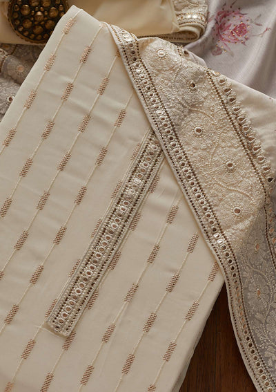 Cream Threadwork Georgette Designer Unstitched Salwar Suit - koskii
