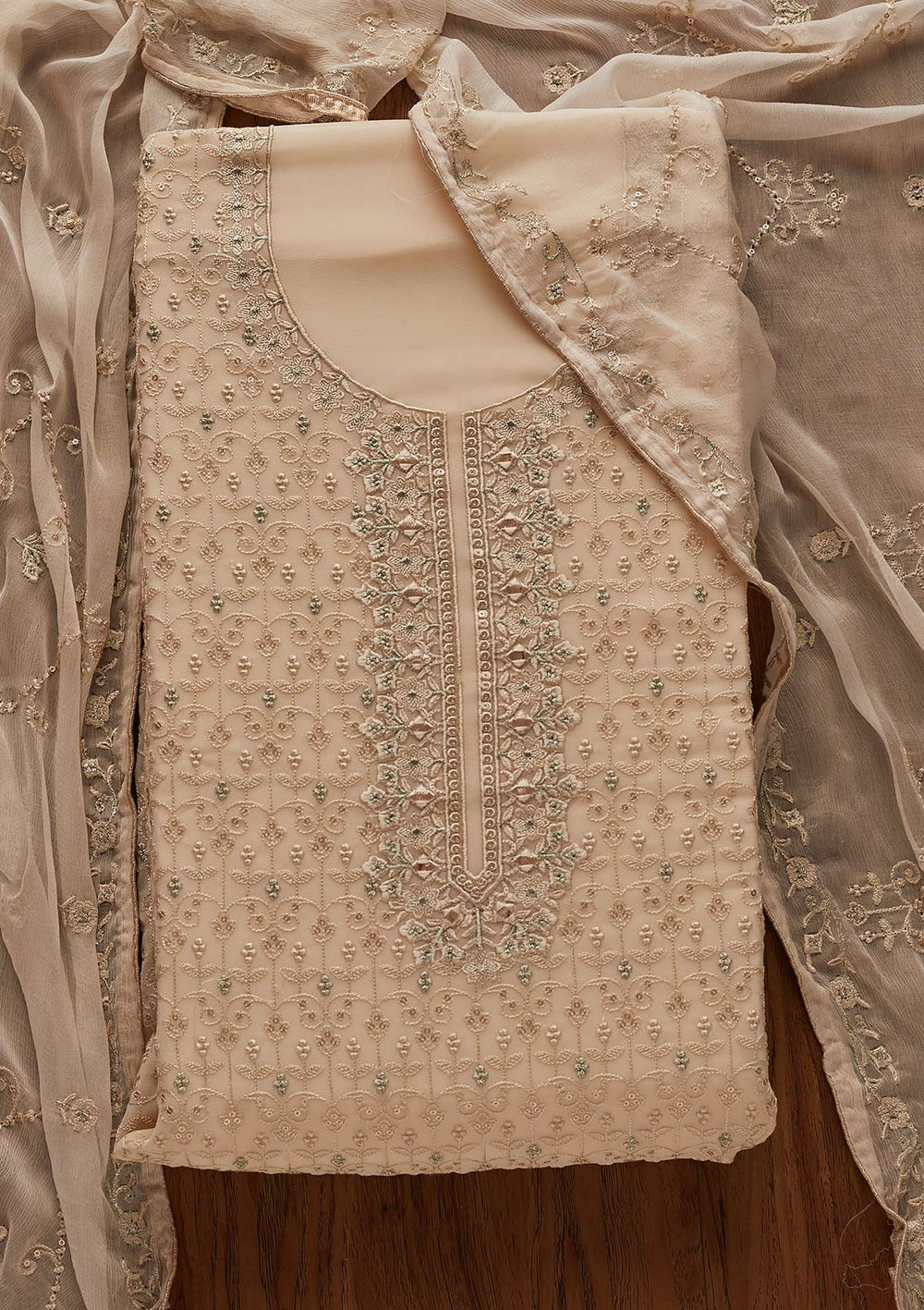 Cream Threadwork Georgette Designer Unstitched Salwar Suit - Koskii
