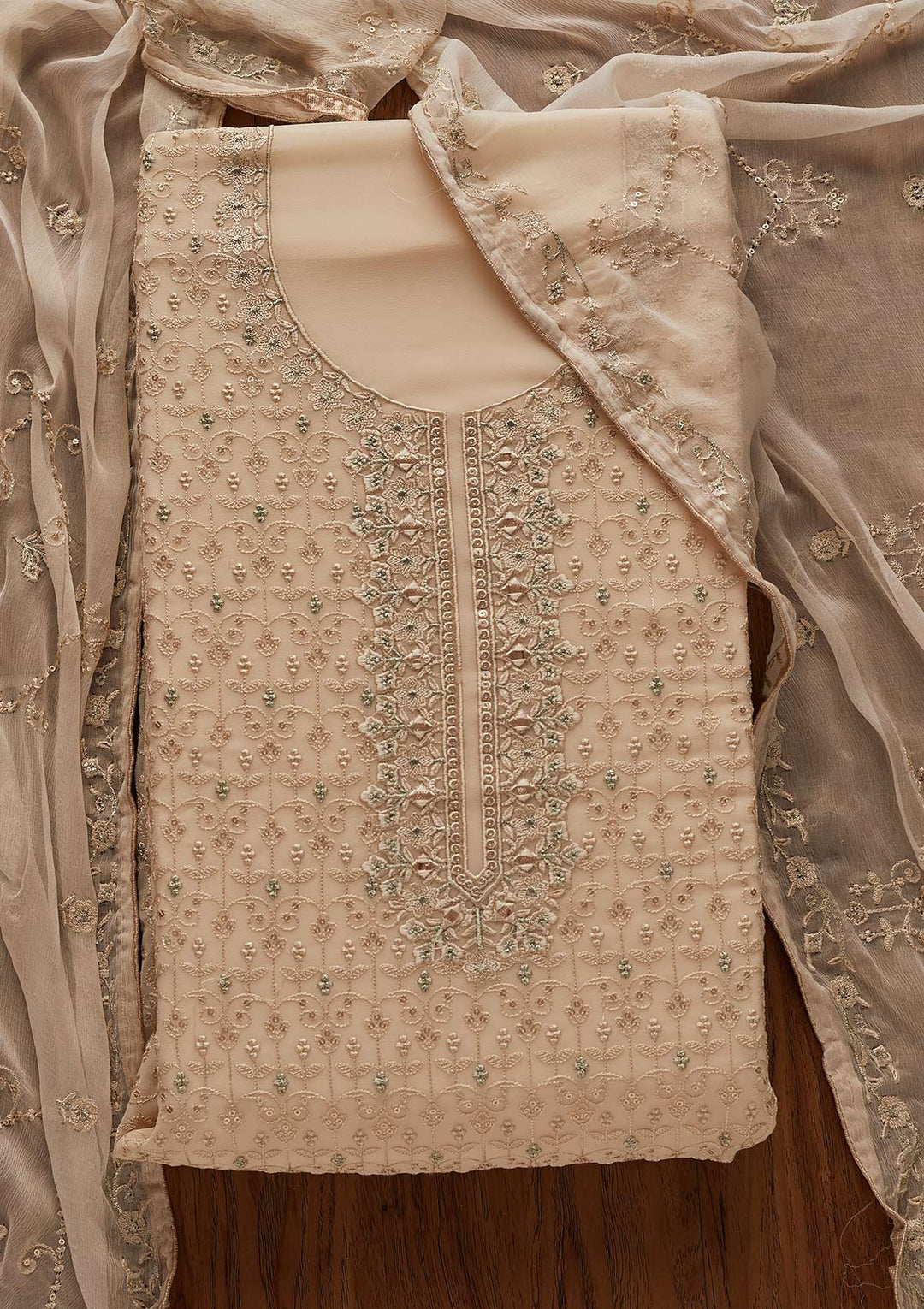 Cream Threadwork Georgette Designer Unstitched Salwar Suit - Koskii