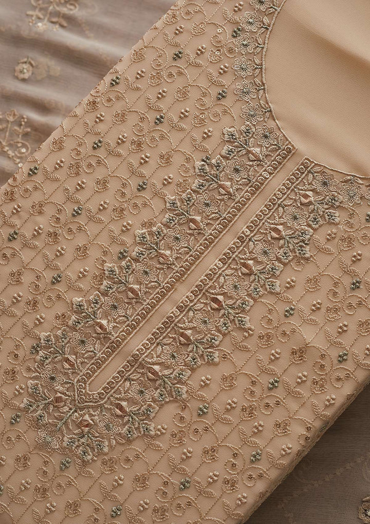 Cream Threadwork Georgette Designer Unstitched Salwar Suit - Koskii