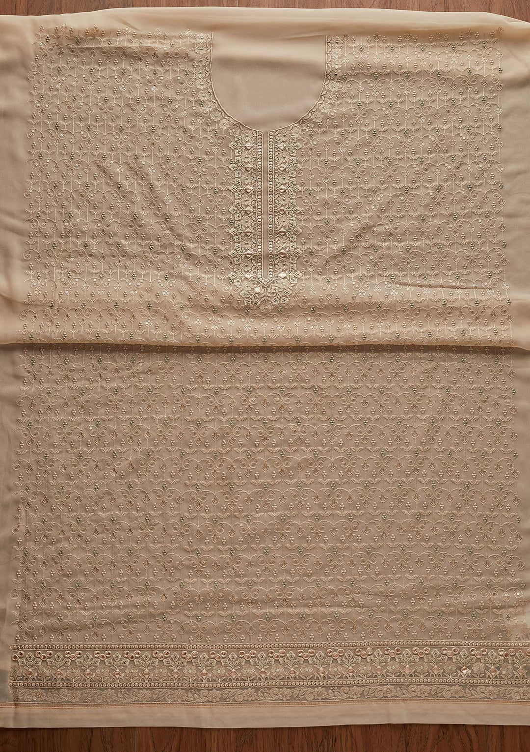 Cream Threadwork Georgette Designer Unstitched Salwar Suit - Koskii