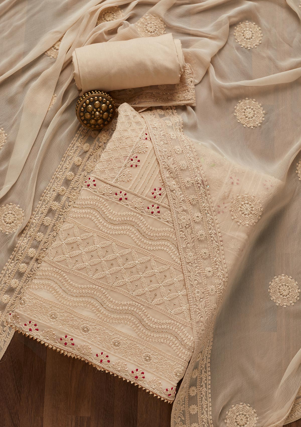 Cream Threadwork Georgette Unstitched Salwar Suit- Koskii