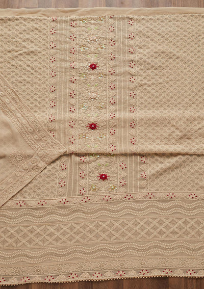 Cream Threadwork Georgette Unstitched Salwar Suit - Koskii