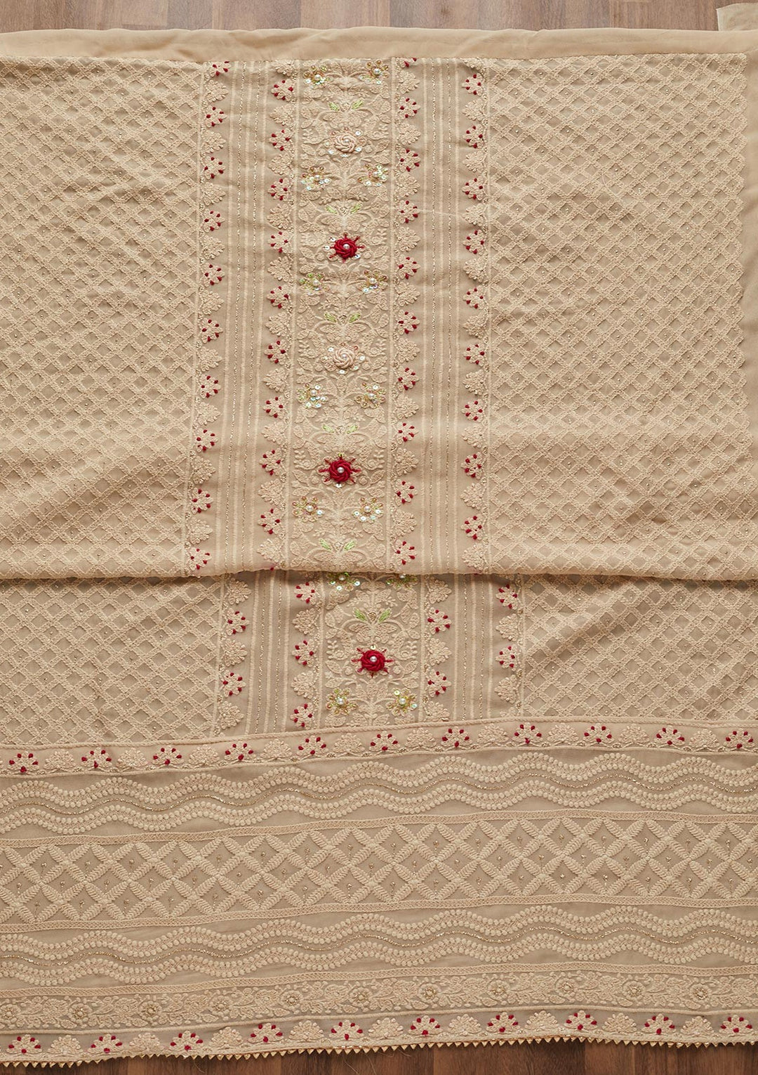 Cream Threadwork Georgette Unstitched Salwar Suit - Koskii