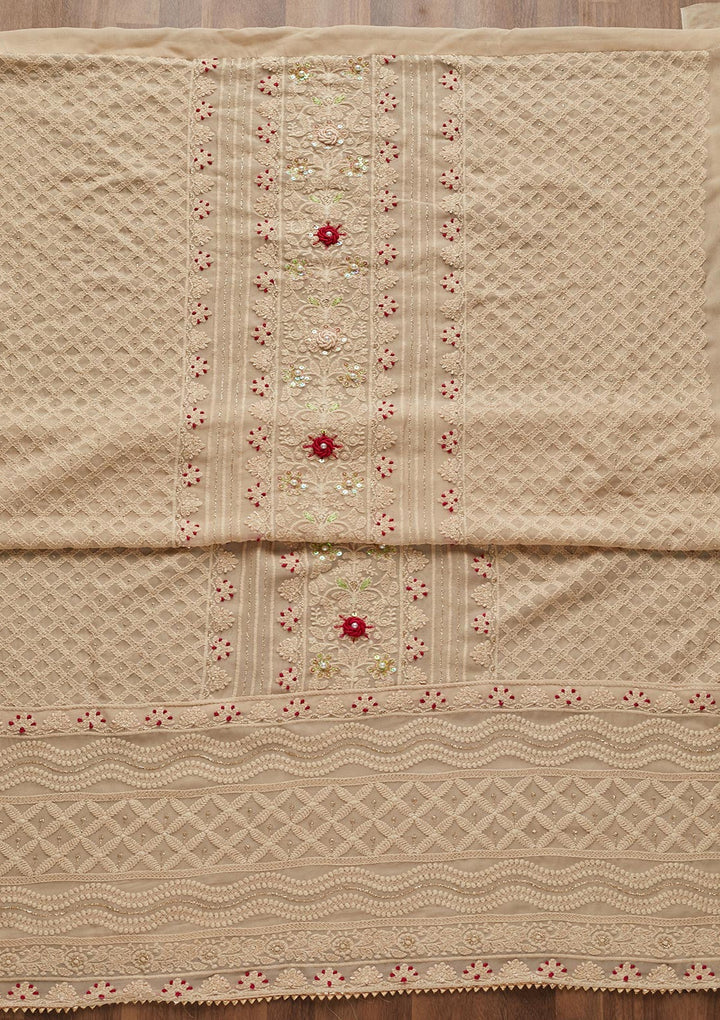 Cream Threadwork Georgette Unstitched Salwar Suit - Koskii