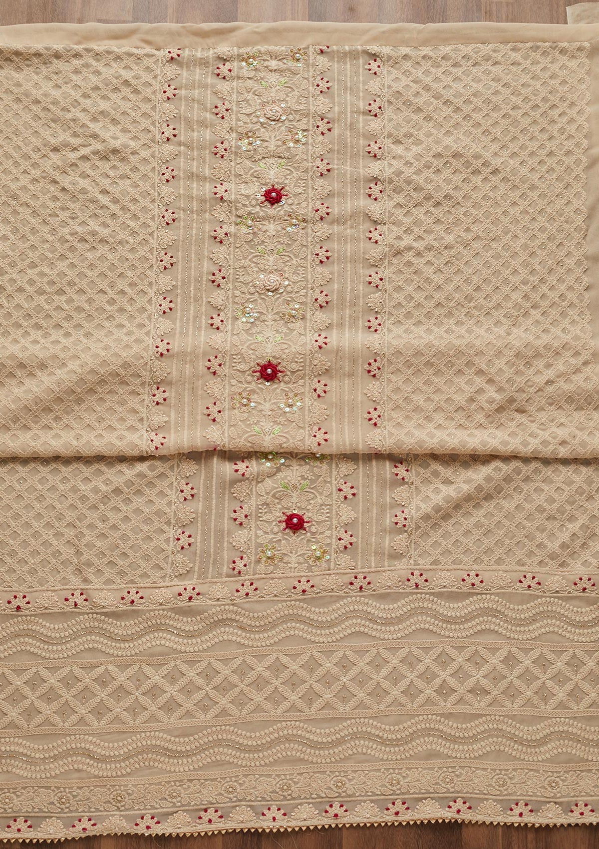 Cream Threadwork Georgette Unstitched Salwar Suit - Koskii