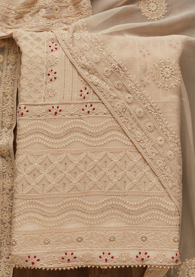 Cream Threadwork Georgette Unstitched Salwar Suit - Koskii
