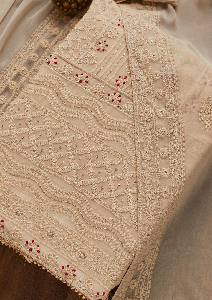 Cream Threadwork Georgette Unstitched Salwar Suit - Koskii