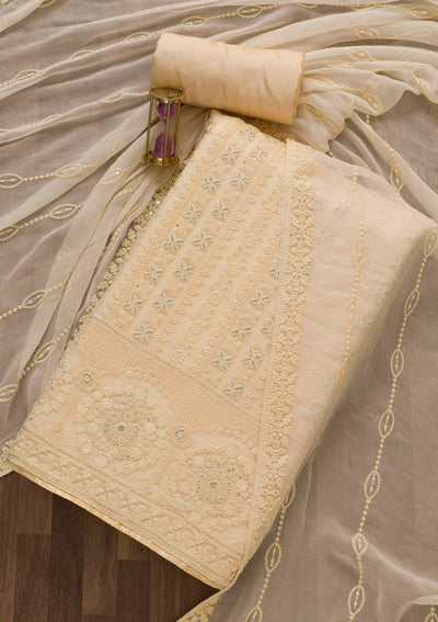 Cream Threadwork Georgette Semi-Stitched Salwar Suit-Koskii