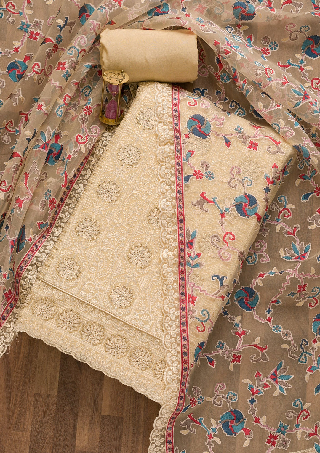 Cream Threadwork Georgette Unstitched Salwar Kameez-Koskii