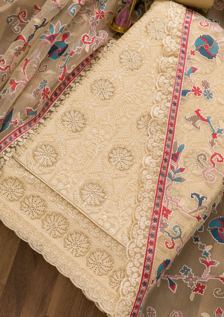 Cream Threadwork Georgette Unstitched Salwar Kameez-Koskii