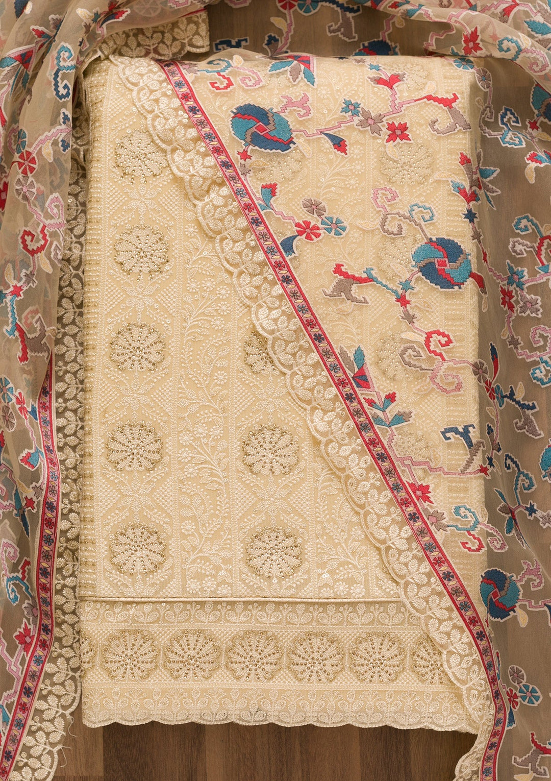 Cream Threadwork Georgette Unstitched Salwar Kameez-Koskii