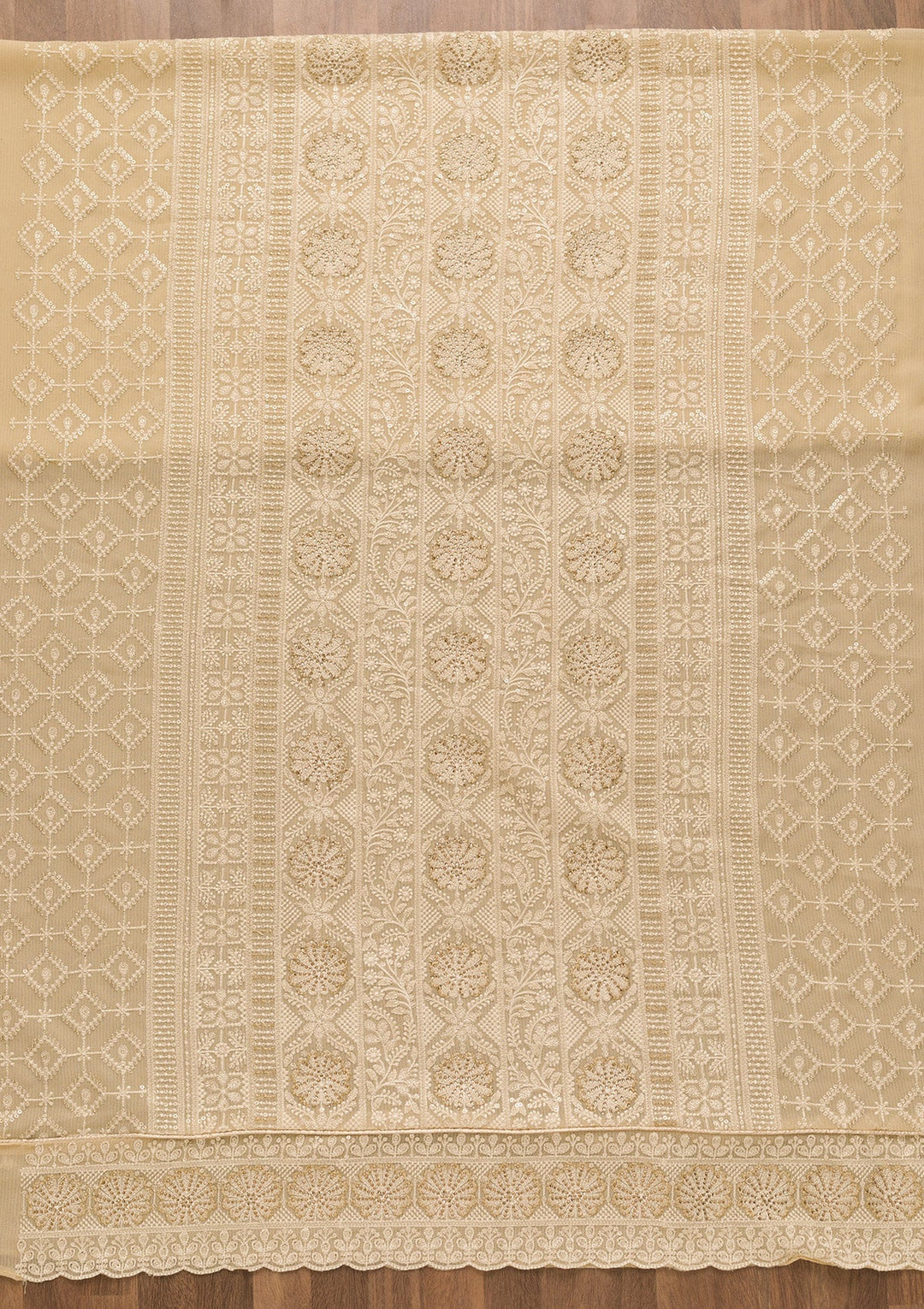 Cream Threadwork Georgette Unstitched Salwar Kameez-Koskii