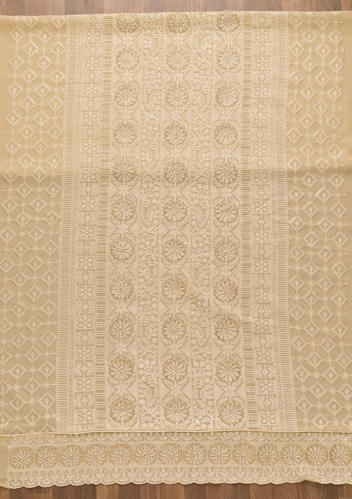 Cream Threadwork Georgette Unstitched Salwar Kameez-Koskii