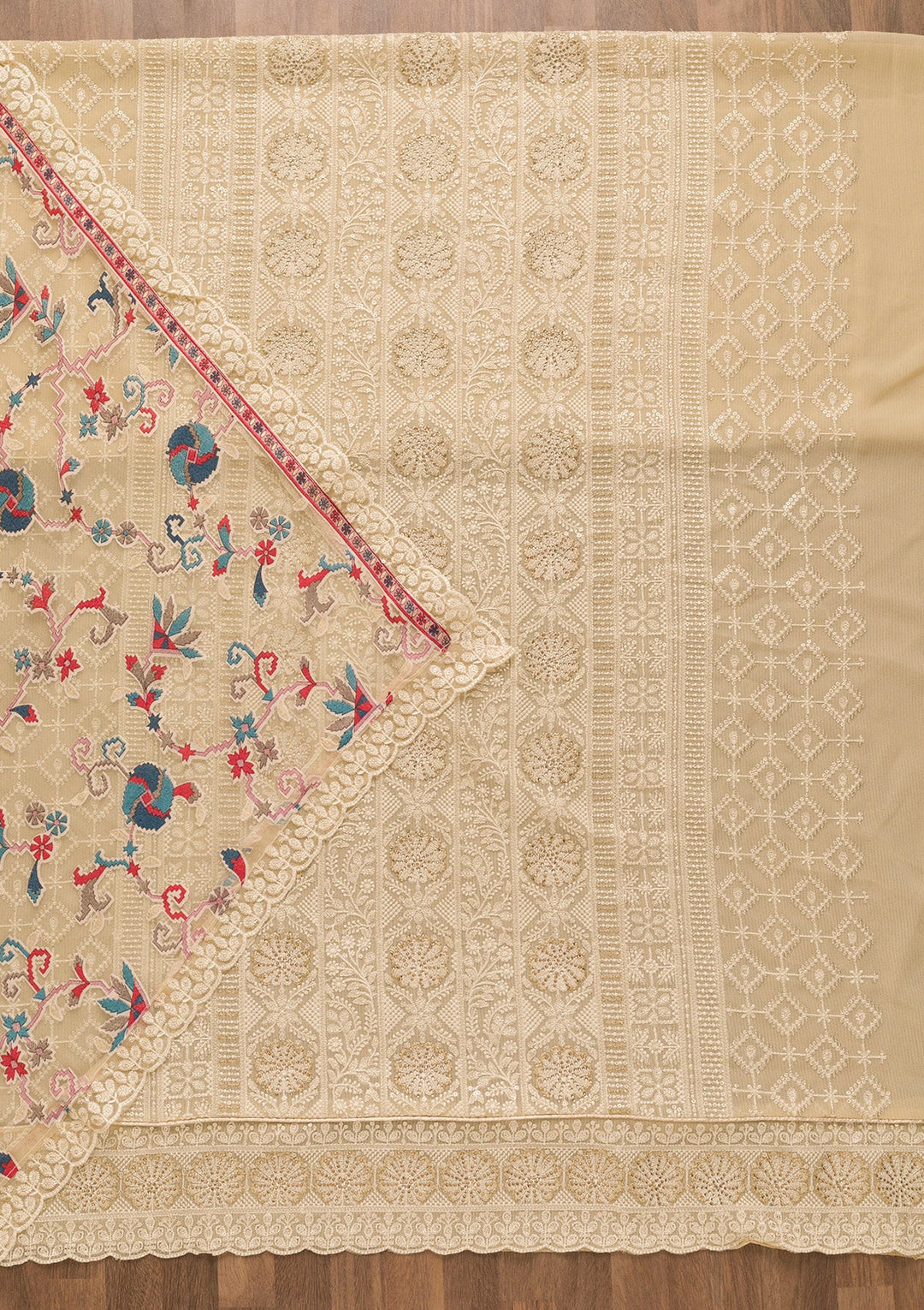 Cream Threadwork Georgette Unstitched Salwar Kameez-Koskii