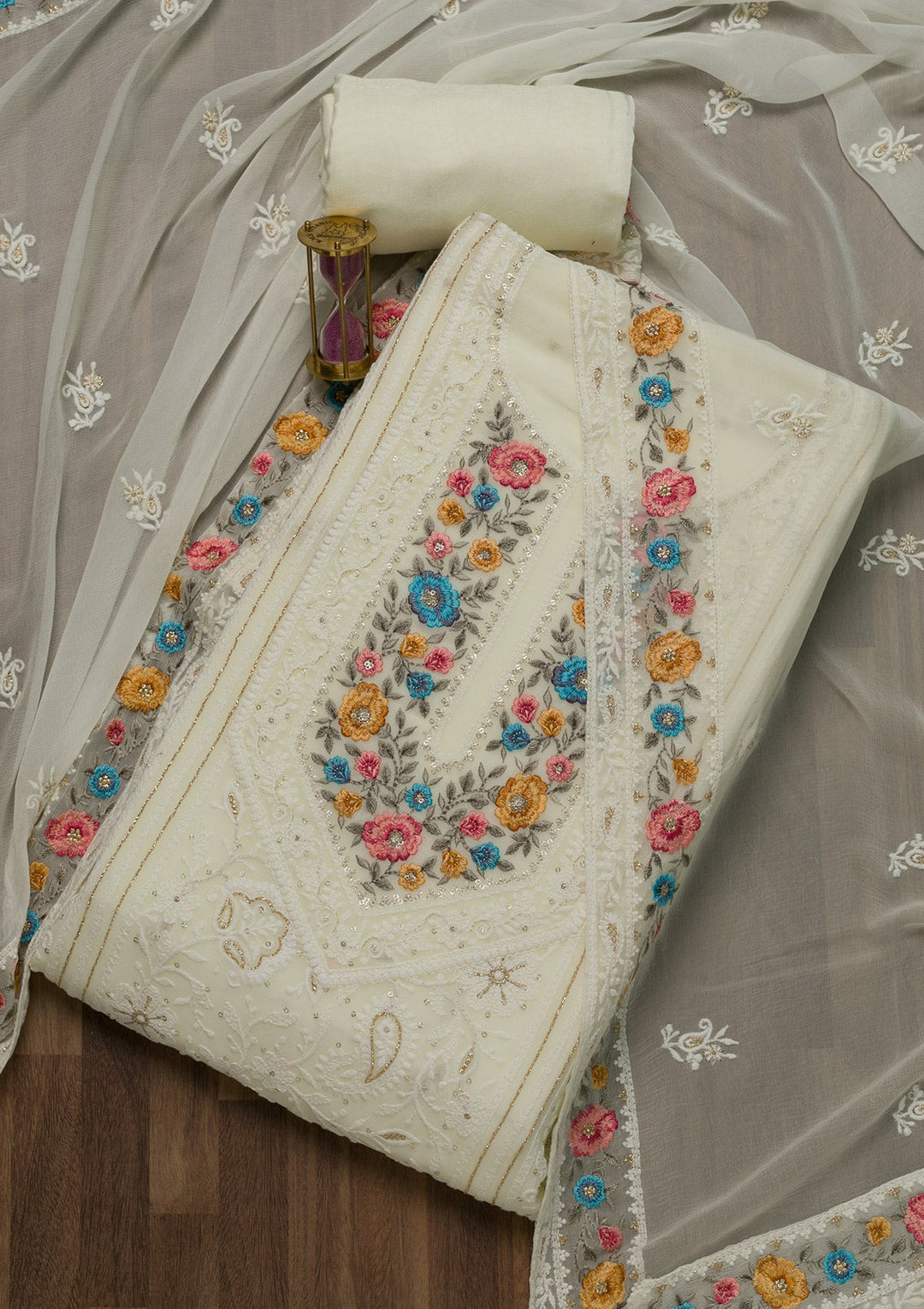 Cream Threadwork Georgette Unstitched Salwar Suit-Koskii