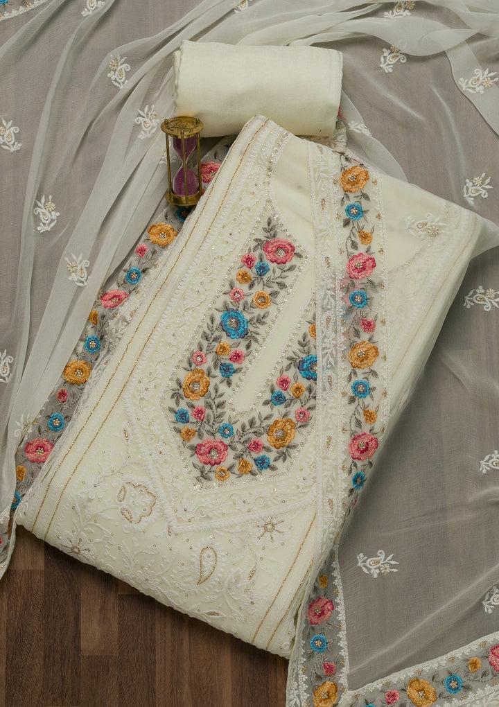 Cream Threadwork Georgette Unstitched Salwar Suit-Koskii
