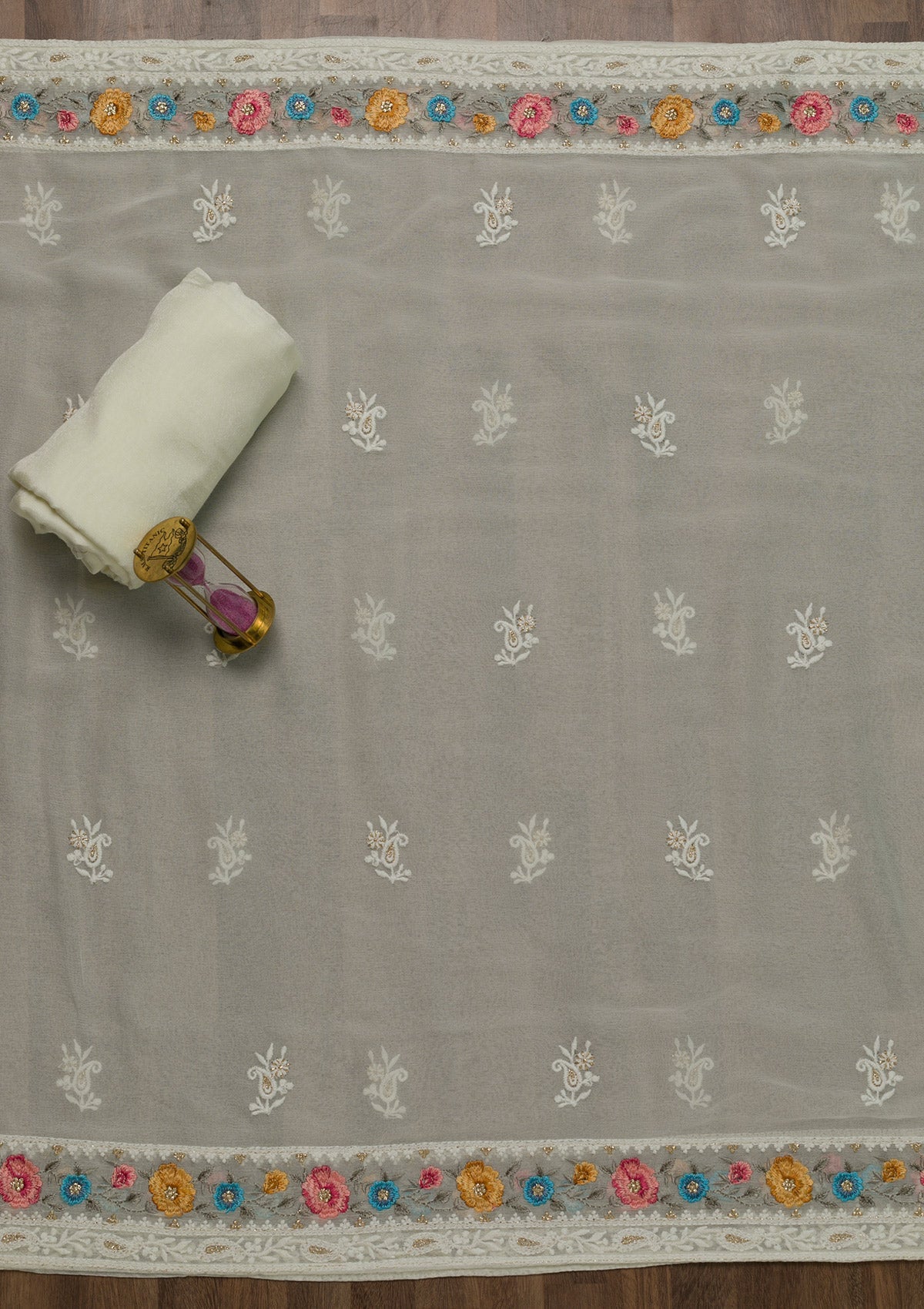 Cream Threadwork Georgette Unstitched Salwar Suit-Koskii