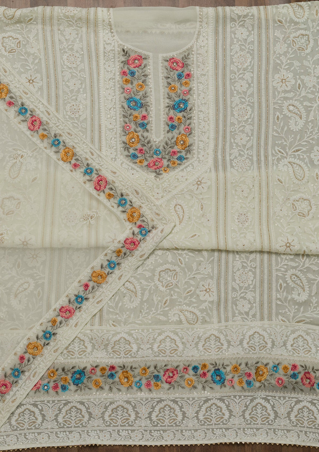 Cream Threadwork Georgette Unstitched Salwar Suit-Koskii