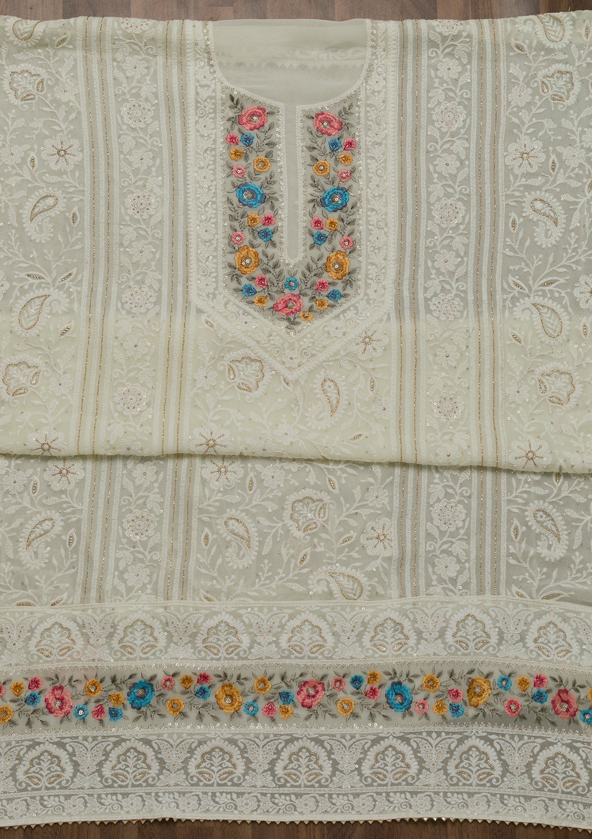 Cream Threadwork Georgette Unstitched Salwar Suit-Koskii
