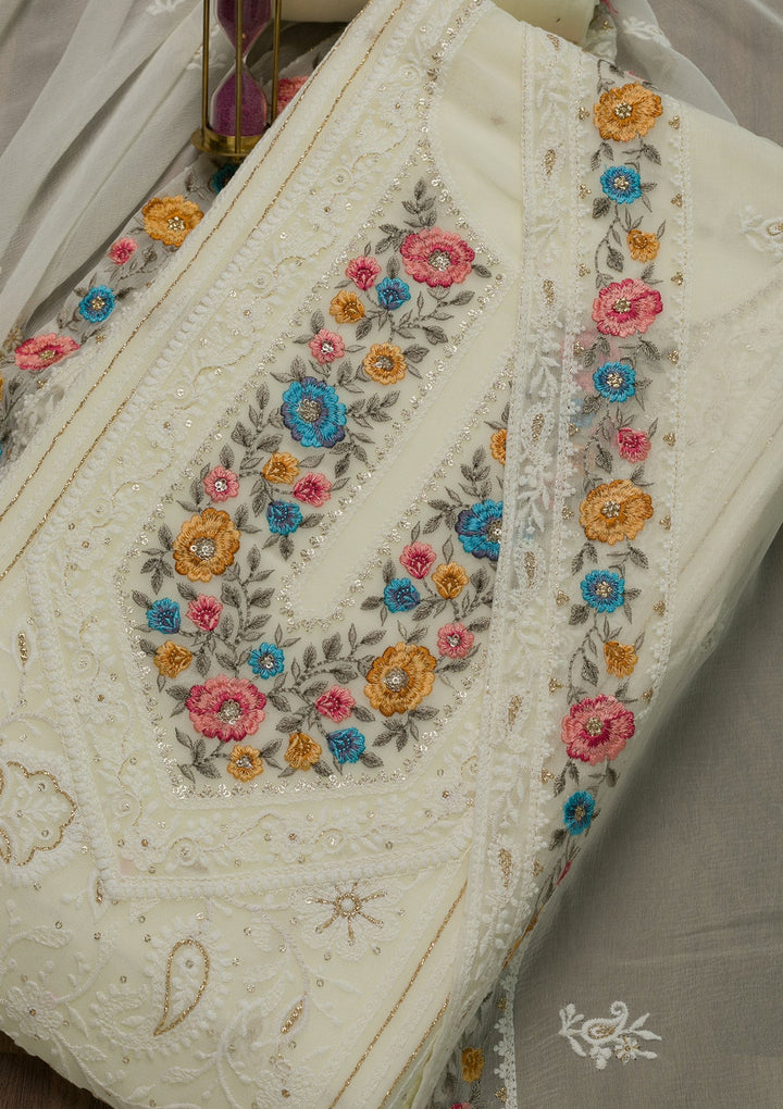 Cream Threadwork Georgette Unstitched Salwar Suit-Koskii