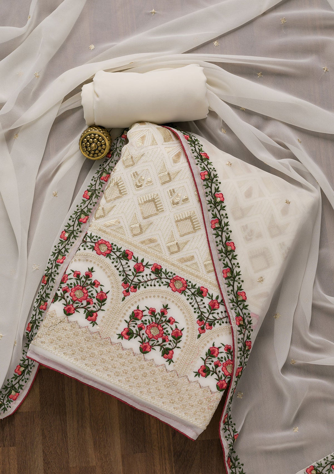 Cream Threadwork Georgette Unstitched Salwar Suit-Koskii