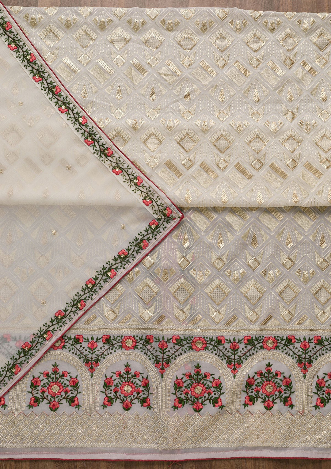 Cream Threadwork Georgette Unstitched Salwar Suit-Koskii