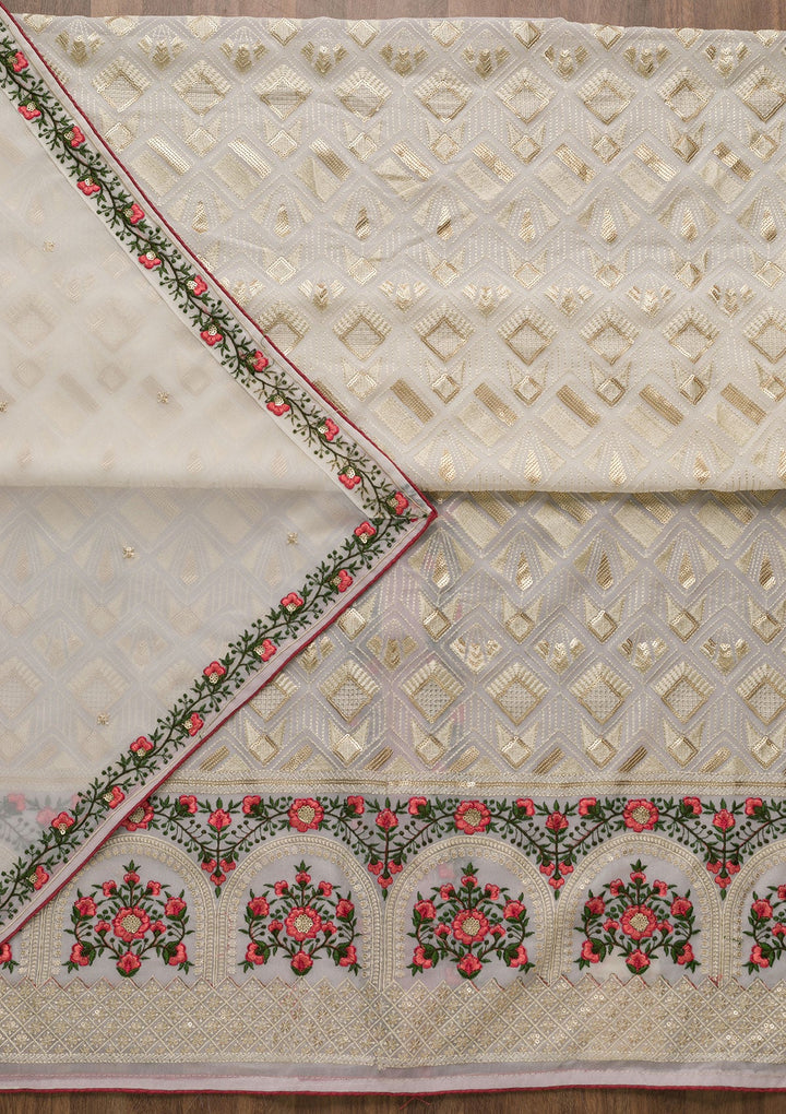 Cream Threadwork Georgette Unstitched Salwar Suit-Koskii