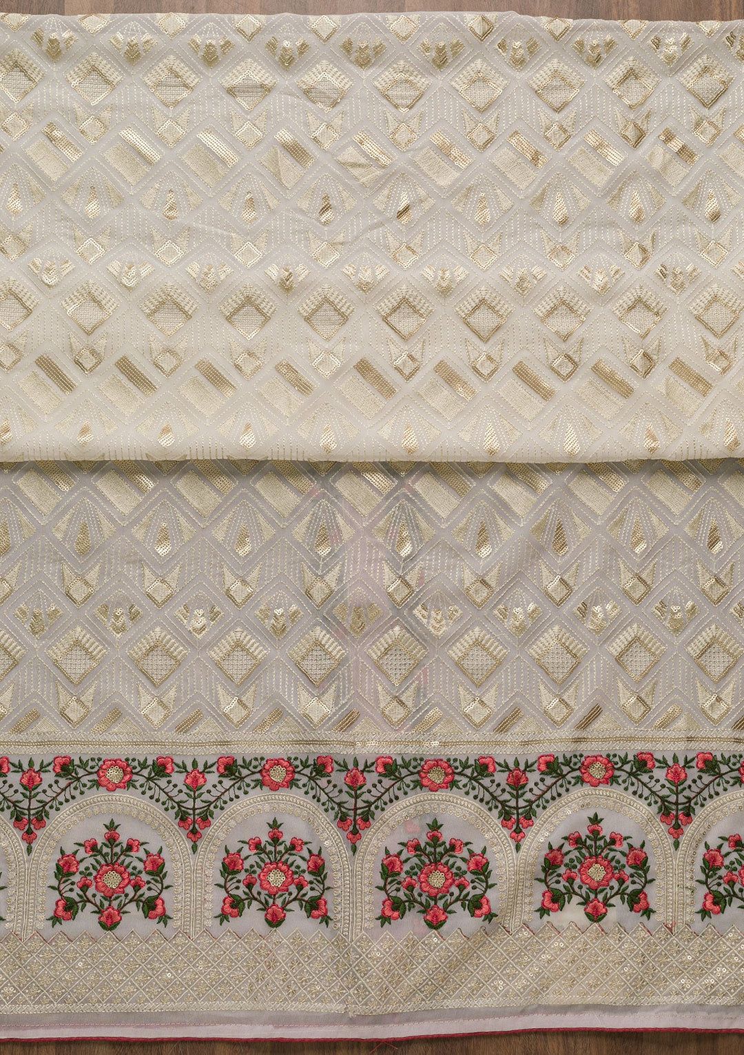 Cream Threadwork Georgette Unstitched Salwar Suit-Koskii