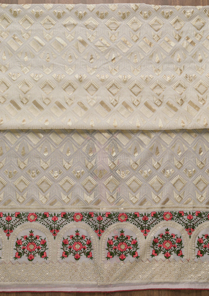 Cream Threadwork Georgette Unstitched Salwar Suit-Koskii