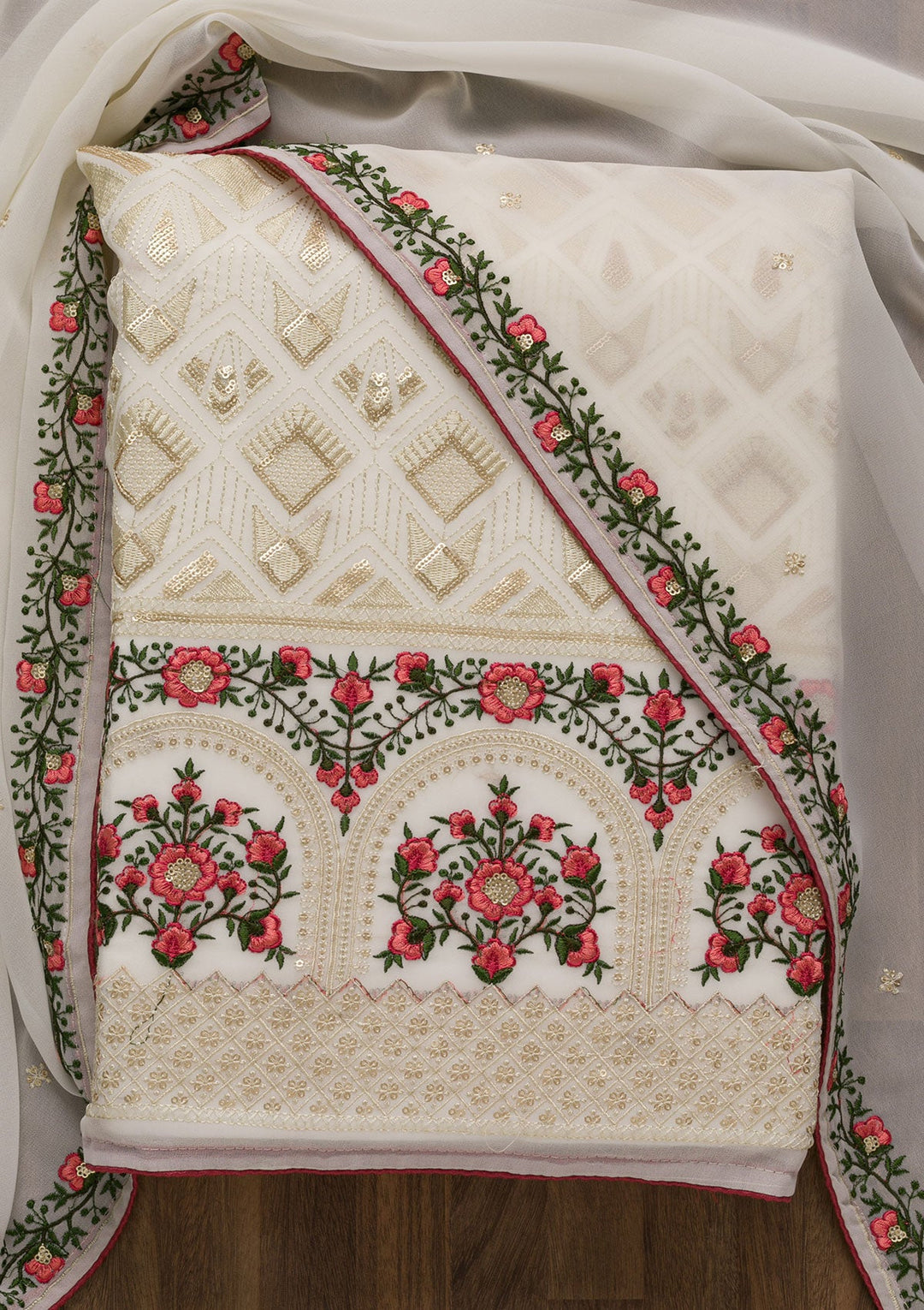 Cream Threadwork Georgette Unstitched Salwar Suit-Koskii