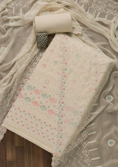 Cream Threadwork Georgette Unstitched Salwar Suit-Koskii