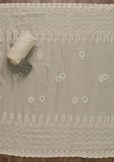 Cream Threadwork Georgette Unstitched Salwar Kameez-Koskii