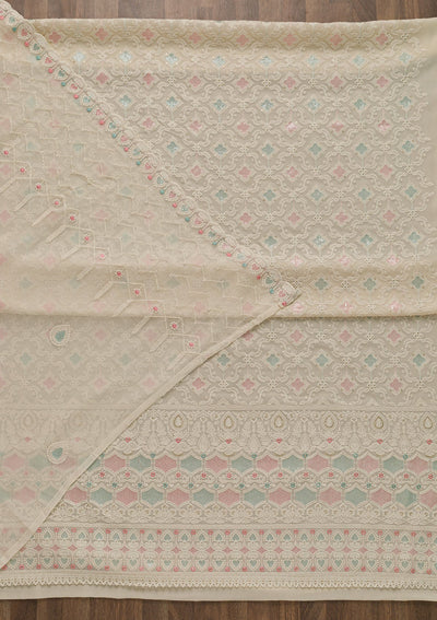 Cream Threadwork Georgette Unstitched Salwar Kameez-Koskii