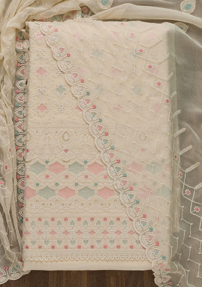 Cream Threadwork Georgette Unstitched Salwar Kameez-Koskii
