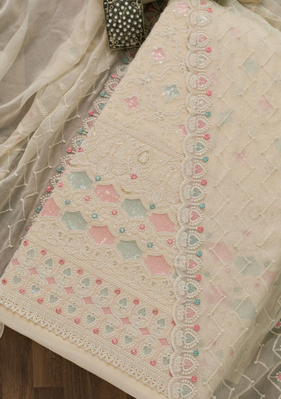 Cream Threadwork Georgette Unstitched Salwar Kameez-Koskii