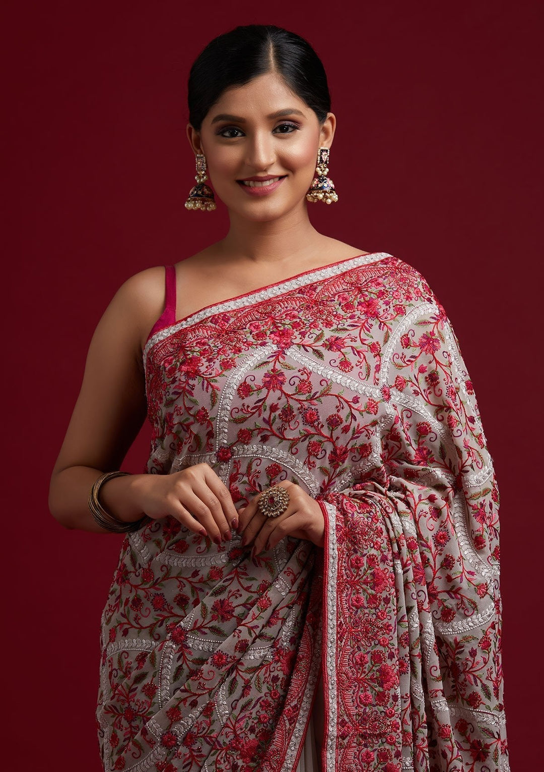 Cream Threadwork Georgette Designer Saree - koskii