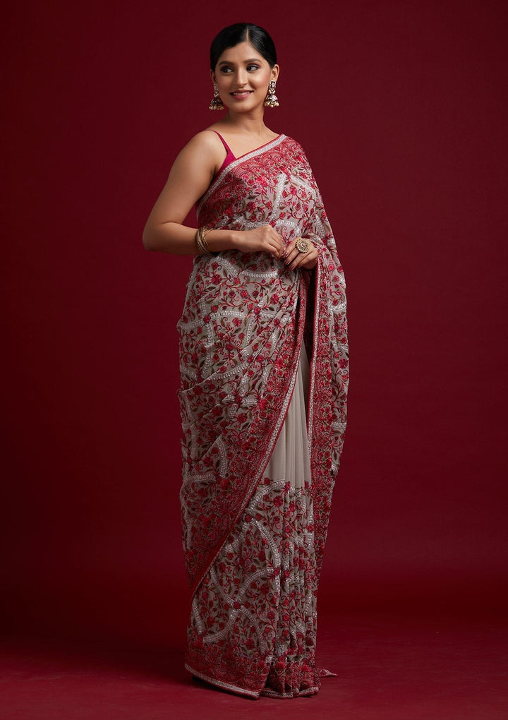 Cream Threadwork Georgette Designer Saree - koskii