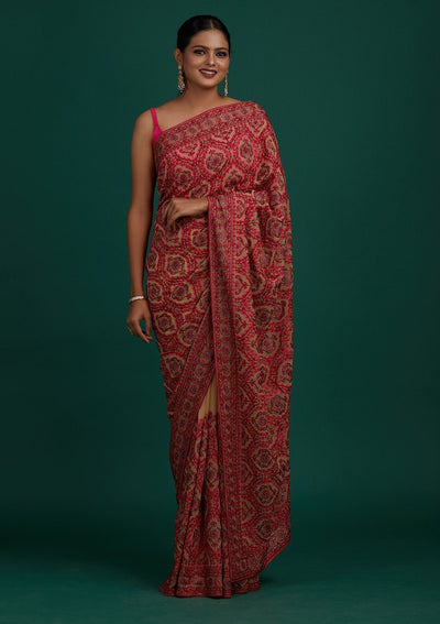 Cream Threadwork Georgette Designer Saree- Koskii