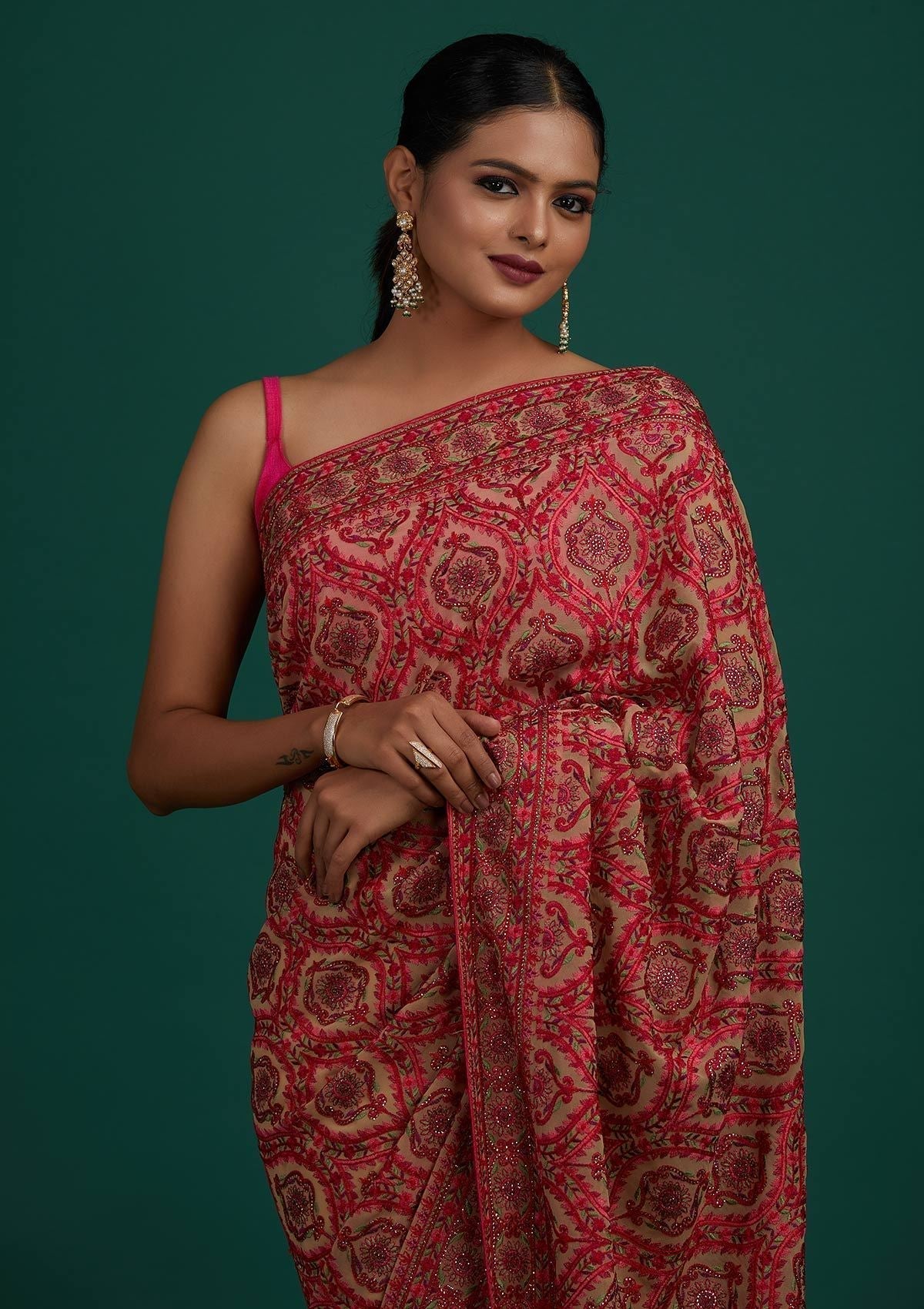 Cream Threadwork Georgette Designer Saree - Koskii