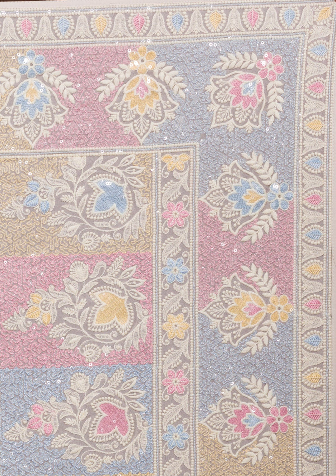 Cream Threadwork Georgette Designer Saree-Koskii